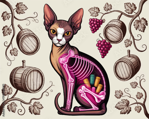 Surreal sphynx cat anatomy illustration with neon skeleton, wine barrels and grape vines on vintage pastel background