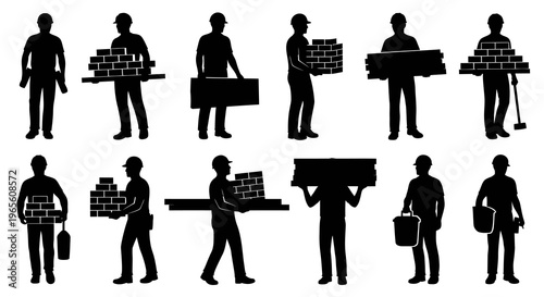 Construction workers silhouettes carrying bricks, lumber, and buckets