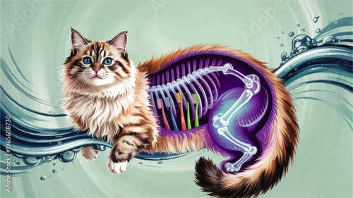 Veterinary x ray illustration of fluffy cat with skeleton and toothbrushes inside body over turquoise water splash background