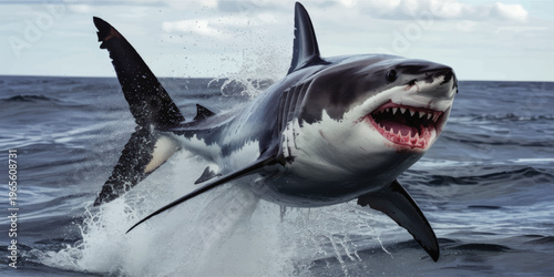 Great white shark breaching ocean surface with open jaws, dramatic wildlife action scene, realistic marine predator illustration