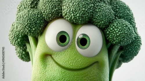 Smiling broccoli cartoon character, front view, healthy eating concept on a bright white background