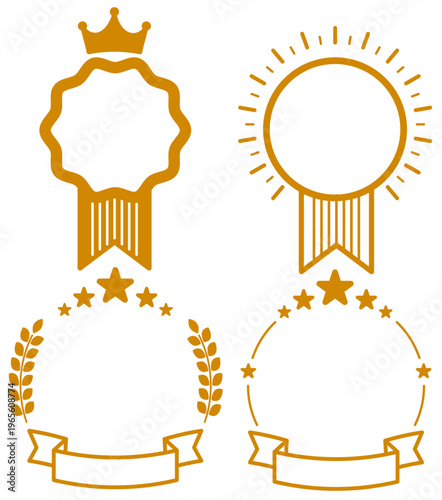 金色の王冠付きリボンバッジや星装飾フレームなど複数パターンをセットにした高級感あるアワードデザイン素材集