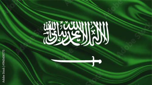 Saudi Arabia national flag on green silk fabric, white Arabic calligraphy and sword, patriotic Middle East country background illustration
