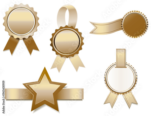 高級感のあるゴールドのメダルとリボンバッジ装飾セット表彰・認証・ランキングに使える立体風デザイン素材白背景