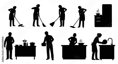 Silhouette of people cleaning and cooking in kitchen, vector art