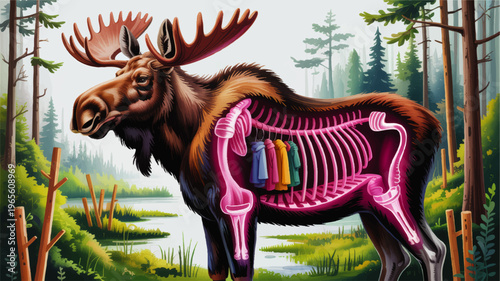 Surreal moose illustration with neon x ray skeleton and colorful coats inside ribcage in lush forest lake landscape