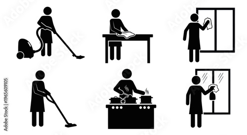 Black and white icons of home cleaning and cooking tasks