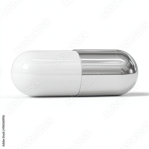 Glossy white and chrome capsule pill on white background, pharmaceutical medicine supplement concept, 3D render