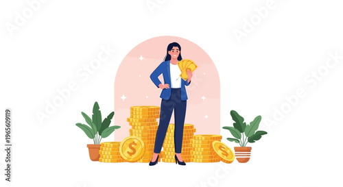 Confident businesswoman celebrating financial prosperity and wealth with a vector graphic illustration.