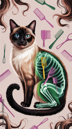 Surreal Siamese cat x ray illustration with combs inside body, pastel veterinary art, quirky pet grooming and medical concept