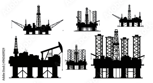 Black Silhouette of Oil Rigs and Pumpjack on White Background