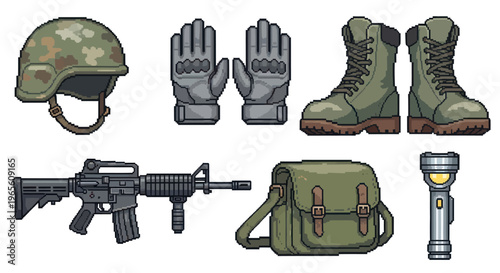 Pixel Art Military Gear Set: Helmet, Rifle, Boots, Bag, Flashlight