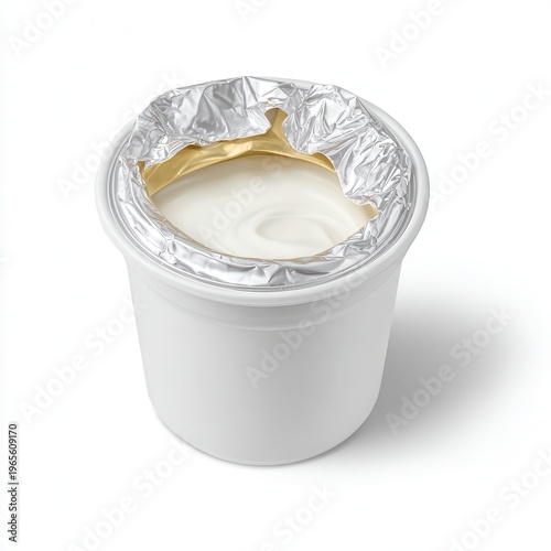 Open yogurt cup with peeled foil lid, white dairy container on white background, fresh snack food packaging closeup