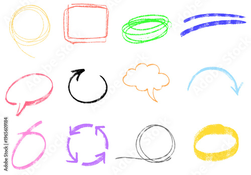 手描きクレヨン風の円・四角・吹き出し・矢印・循環アイコンなど多用途に使えるラフ線デザインセット