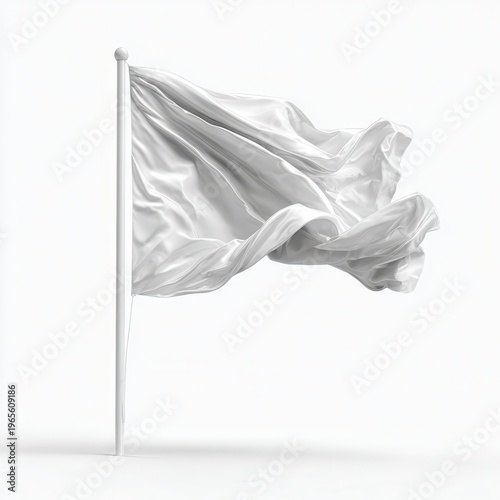 White fabric flag waving in wind, blank banner on pole, minimal monochrome cloth texture for branding mockup