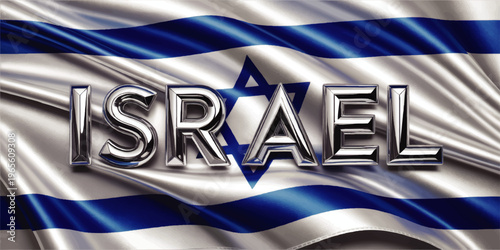 Metallic Israel text over waving Israeli flag with blue Star of David, patriotic chrome typography banner for national celebrations