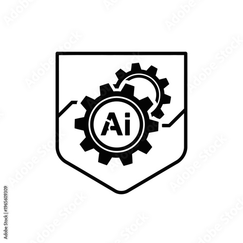 An icon badge features gears and Ai within a shield shape symbolizing technology and protection.