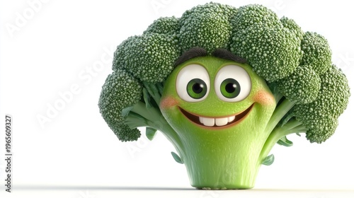 Cartoon broccoli character with smiling face, green vegetable on white background for healthy food