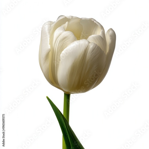 White tulip flower close-up isolated on white, minimalist botanical bloom with green stem, elegant spring floral design