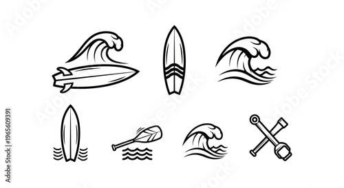 Black and White Line Art Icons for Surfing and Water Sports