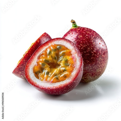 Vibrant passion fruit isolated on white, tropical maracuja cut half with seeds, fresh red purple fruit macro