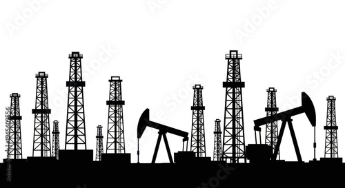 Oil and Gas Industry Black and White Silhouette Vector Field with Drilling Rigs and Pumpjacks
