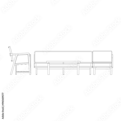 Front view of L shaped sofa with armchair, rectangular coffee table, and side table in clean outline style, modern living room set.