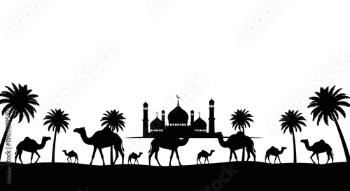 Islamic Culture and Middle East Travel Silhouette Scene: Camels, Mosque, Palm Trees