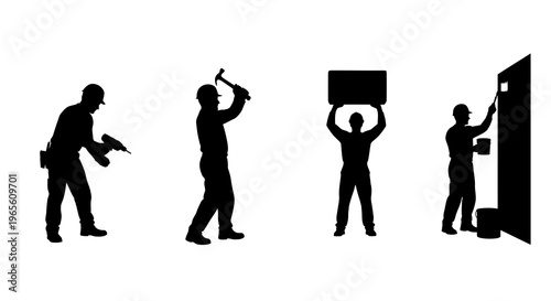 Construction Industry Workers Silhouette Glyphs Set: Builders Drilling, Hammering, Lifting, Painting