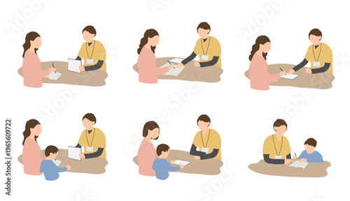 保護者と支援者の相談・面談シーンの人物イラストセット（教育・福祉・子育て）