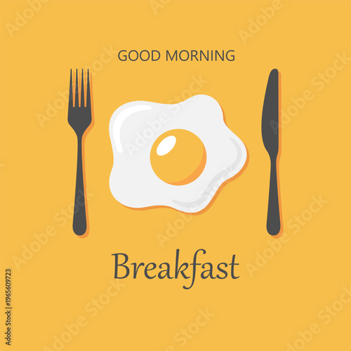 Breakfast graphic poster with place for text. Fried eggs on a pan.  Sign isolated on yellow background. Vector illustration