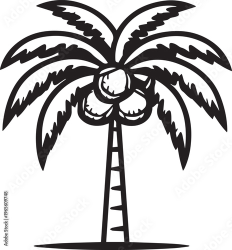 Silhouette of a sturdy palm tree bearing coconuts. A striking monochrome illustration.