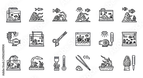 Aquarium Equipment Line Art Icons - Fish Tank, Pump, CO2, Thermometer
