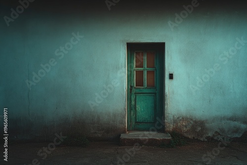 Old green door on a wall.