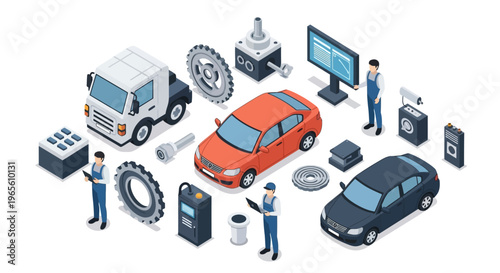 Isometric Car Service and Auto Parts Illustration.