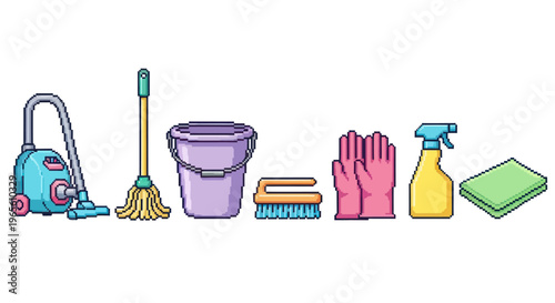 Pixel art cleaning supplies - vacuum, mop, bucket, gloves, spray, cloth