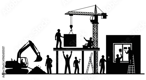Construction Site Silhouette: Crane, Excavator, Workers, Building