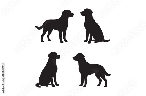 Four silhouetted labrador retrievers are depicted in various seated and attentive poses against a white background