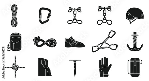 Climbing Gear Glyph Icons Set - Black  White Vector Illustration