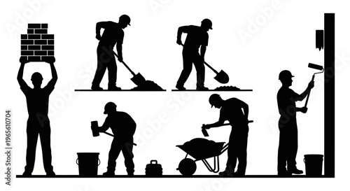 Construction workers silhouettes: bricklayer, painter, digger, wheelbarrow