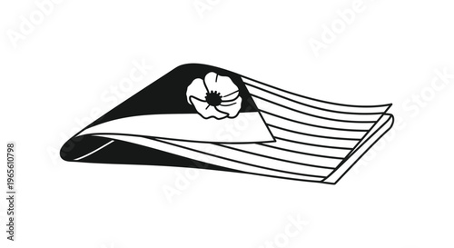 Folded American flag vector with poppy flower, patriotic memorial day symbol, black and white military funeral flag illustration