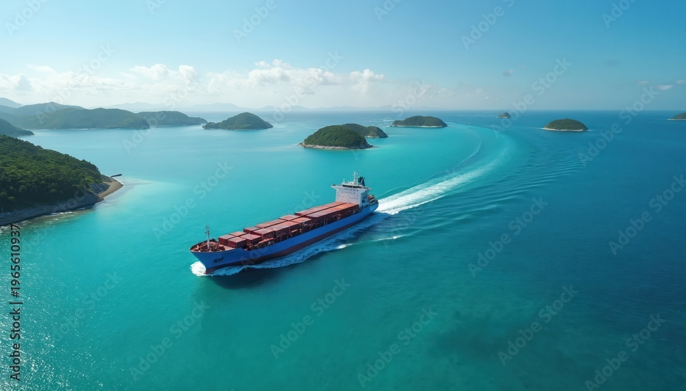 Naklejka premium Large cargo ship moves through clear blue ocean water. Container vessel sails past small green islands under bright sunny sky. Maritime transport travels globally, carrying goods.