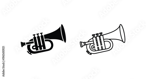 Minimalist trumpet vector icons, black and white brass instrument silhouette set, musical cornet symbols for jazz and orchestra branding