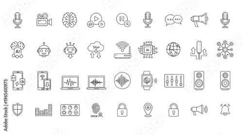 AI voice assistant and audio technology line icon set
