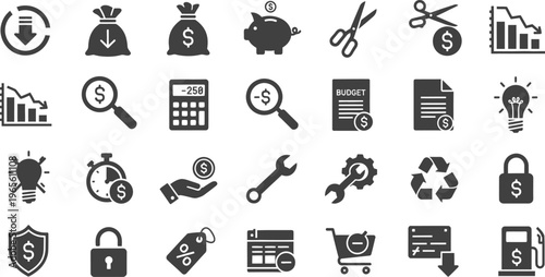 Business finance and shopping icons: money, savings, analytics, and security concepts, piggy bank, dollar sign