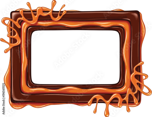 A chocolate frame with caramel drizzle on a white background, perfect for dessert or food-related designs