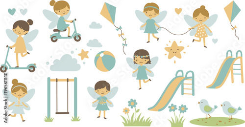 Whimsical illustration of fairies playing on playground equipment and riding toys