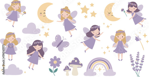 Whimsical illustration of fairies and magical elements in pastel colors