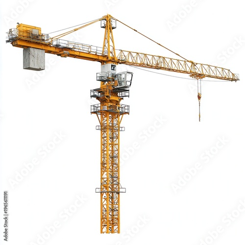 Yellow tower crane isolated on white, construction lifting equipment with hook, industrial building site machinery detail