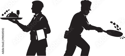 Silhouette of a waiter serving food and a chef cooking, vector illustration, restaurant staff, restaurant indus